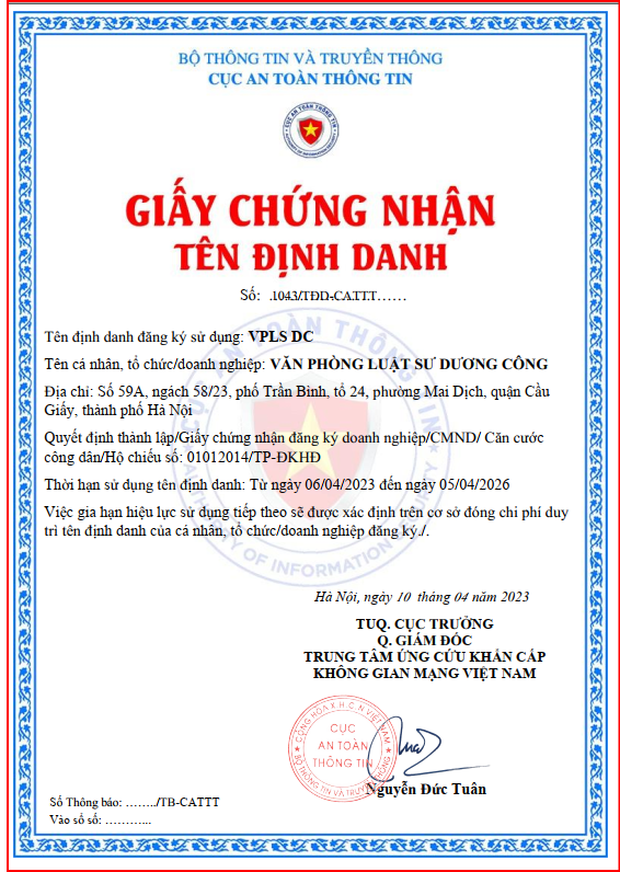 Mẫu giấy chứng nhận Tên định danh